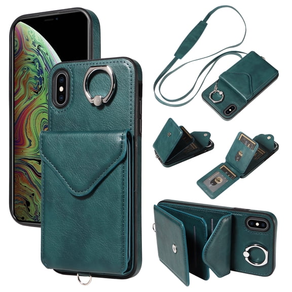 for iPhone X/XS PU Leather Back + TPU Frame Rugged Case, Classic 360 Rotating Ring Kickstand Card Slots Shoulder Strap Drop Protective Slim Fit Shockproof Phone Case Cover, Green