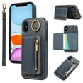 thumbnail image 1 of for iPhone X/XS PU Leather Case, Card Slots and Zipper Pocket Kickstand, Classic Protective Shockproof Lightweight Ultra Slim lip Case Finger Ring Wrist Strap for iPhone X/XS, Blue, 1 of 7