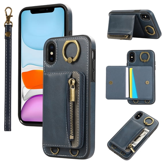 for iPhone X/XS PU Leather Case, Card Slots and Zipper Pocket Kickstand, Classic Protective Shockproof Lightweight Ultra Slim lip Case Finger Ring Wrist Strap for iPhone X/XS, Blue