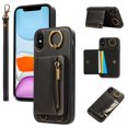 thumbnail image 1 of for iPhone X/XS PU Leather Case, Card Slots and Zipper Pocket Kickstand, Classic Protective Shockproof Lightweight Ultra Slim lip Case Finger Ring Wrist Strap for iPhone X/XS, Black, 1 of 7