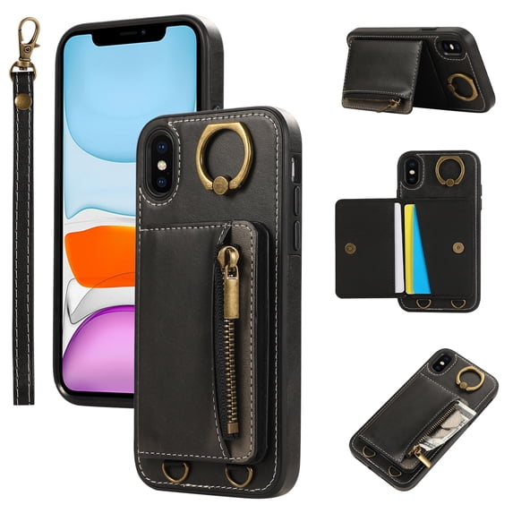 for iPhone X/XS PU Leather Case, Card Slots and Zipper Pocket Kickstand, Classic Protective Shockproof Lightweight Ultra Slim lip Case Finger Ring Wrist Strap for iPhone X/XS, Black