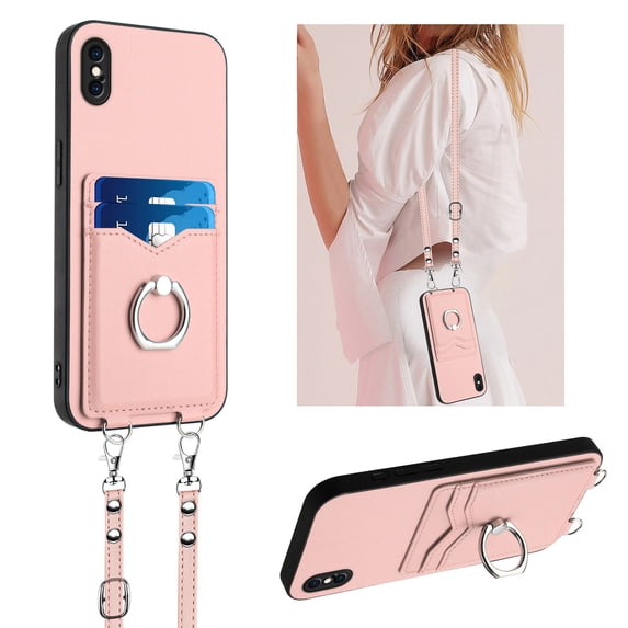 for iPhone X/XS PU Leather Case, Wallet Case with Ring Stand Kickstand Shockproof Protective for Women Girls Card Holder Slot Stand Shoulder Strap Case for iPhone X/XS, Rosegold