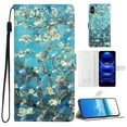 thumbnail image 1 of for iPhone X/XS PU Leather Flip Case, Stylish Wrist Strap Kickstand Magnetic Card Slots Pattern Shockproof Protective Durable Portable Ultra Slim Phone Case for Men Women - Blue Apricot Flower, 1 of 9