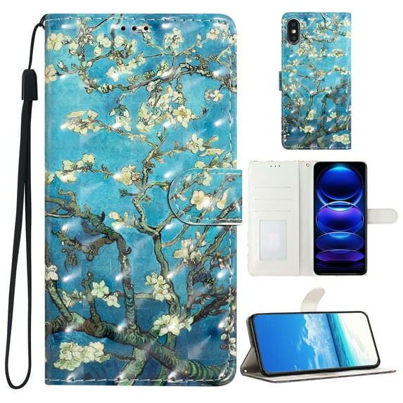 for iPhone X/XS PU Leather Flip Case, Stylish Wrist Strap Kickstand Magnetic Card Slots Pattern Shockproof Protective Durable Portable Ultra Slim Phone Case for Men Women - Blue Apricot Flower