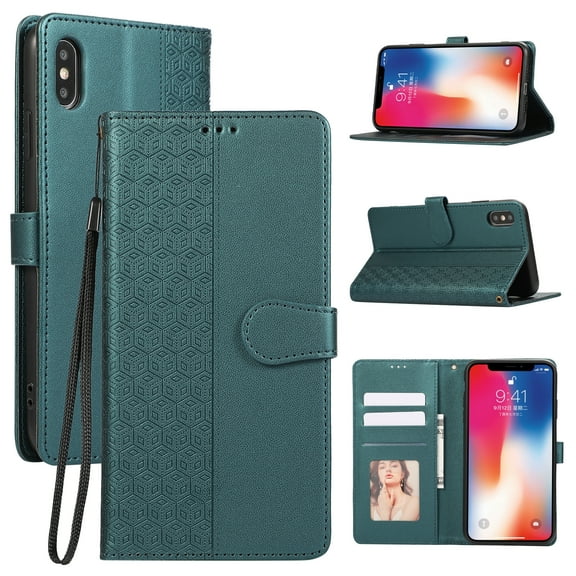for iPhone X/XS Phone Case Wallet Card Holder, PU Leather Kickstand Flip Cases Wrist Strap Magnetic Closure Shockproof Embossed Protective Book Cover for iPhone X/XS, Green