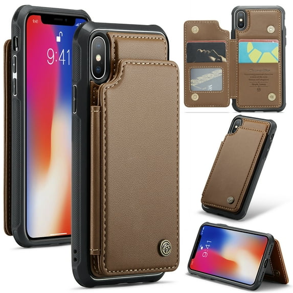 for iPhone X/XS Premium PU Leather Back Case, Multiple Card Slots Design, Double Magnetic Clasp Study Kickstand RFID Blocking Classic Phone Cover for iPhone X/XS, Brown