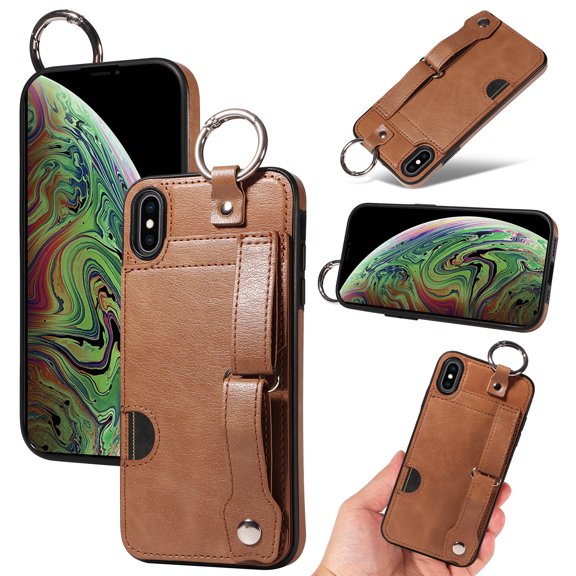 for iPhone X/XS Wallet Case with Card Holder, Hand Wrist Strap Loop Holder Kickstand, Finger Grip Ring Buckle PU Leather Double Buttons Shockproof Cover for iPhone X/XS, Brown