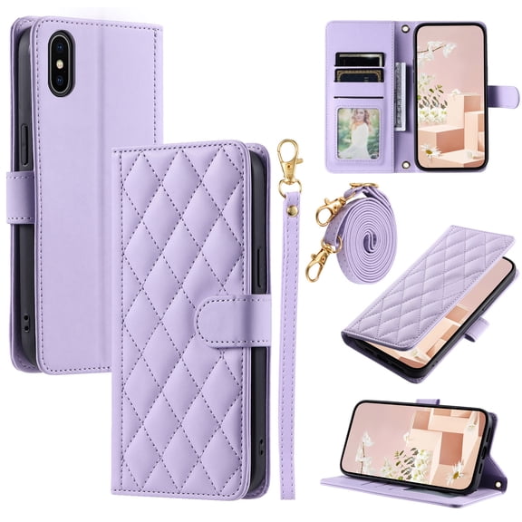 for iPhone X/XS Wallet Case, Elegant PU Leather Shoulder Strap & Wrist Strap Kickstand Card Slots Magnetic Closure Full Body Protection Phone Case for iPhone X/XS, Purple