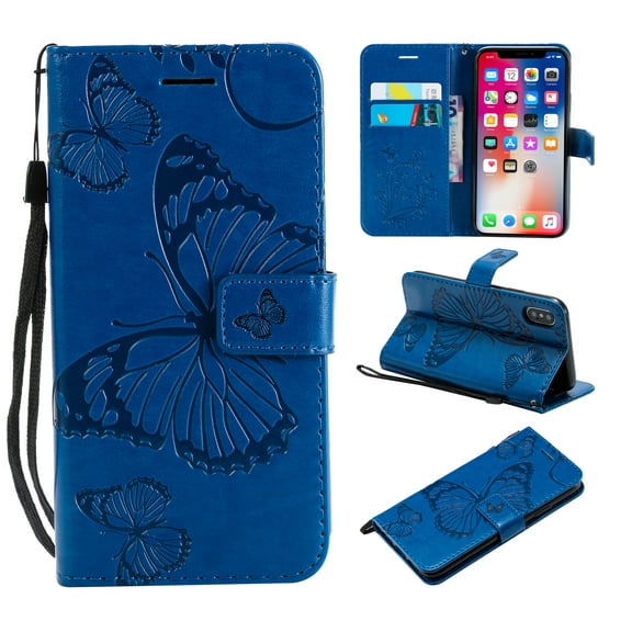 iPhone X/ XS Wallet case, Allytech Pretty Retro Embossed Butterfly Flower Design PU Leather Book Style Wallet Flip Case Cover for Apple iPhone X/ XS/ iPhone 10, Blue