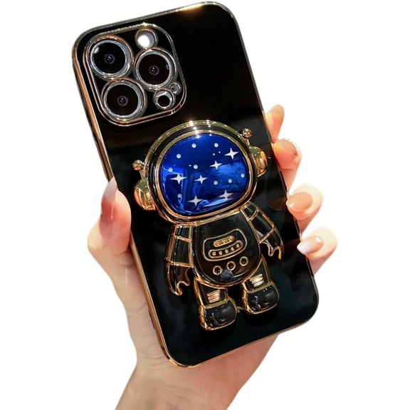 for iPhone X XS XR Max 7 8 Plus SE Case, Popular Glossy Soft TPU Phone Case, Creative Starry Sky Cute Astronaut Foldable Stand Protector Cover(Black,X/XS)