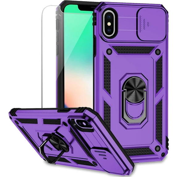 for iPhone X / iPhone Xs Case with Camera Lens Cover HD Screen Protector, Military Grade Drop Protection Magnetic Ring Holder Kickstand Protective Phone Case for iPhone X / Xs 5.8 inch (Purple)