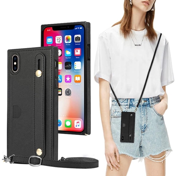 iPhone X Xs Credit Card Holder Case with Crossbody Chain, Handbag Purse Case Bumper Cover with Hand Holder Kickstand (Black, iPhone X/Xs)
