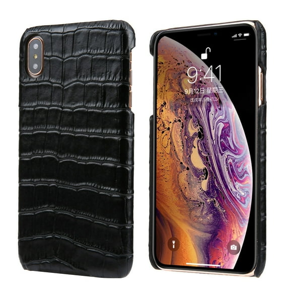 iPhone X/Xs Genuine Leather Case, Allytech Simple Crocodile Grain Design Hard Back Protective Case Lightweight Bumper Case Shock Resistant Cover for 5.8-inch iPhone X/ iPhone Xs, Black
