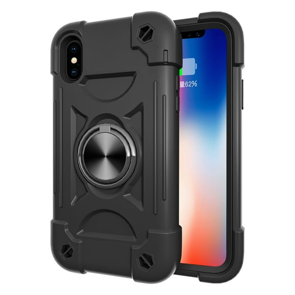 for iPhone X, iPhone XS Case with Ring Stand, Heavy Duty Military Grade Rugged Shockproof Silicone Rubber Magnetic Kickstand Holder Case for Women Girls For iPhone X/XS, Black