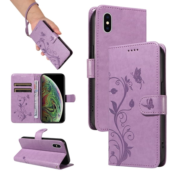 iPhone X/ iPhone XS Case Wallet with Cards Holder,Allytech Stylish Butterfly Embossed Shockproof Protective Flip Stand Cover for Girls Women Hand Wrist Wallet Case for Apple iPhone XS/X - Purple