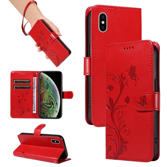 iPhone X/ iPhone XS Case Wallet with Cards Holder,Allytech Stylish Butterfly Embossed Shockproof Protective Flip Stand Cover for Girls Women Hand Wrist Wallet Case for Apple iPhone XS/X - Red