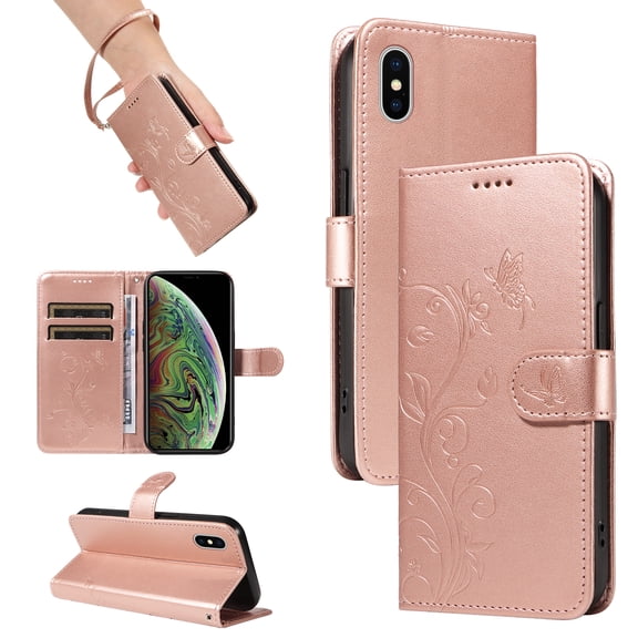 iPhone X/ iPhone XS Case Wallet with Cards Holder,Allytech Stylish Butterfly Embossed Shockproof Protective Flip Stand Cover for Girls Women Hand Wrist Wallet Case for Apple iPhone XS/X - Rosegold