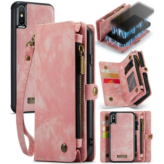 iPhone X, iPhone XS Leather Detachable Wallet Zipper Case with 8 Card Slots Holder Magnetic case Flip Wallet Handle Wrist Strap Shockproof Pocket Handbag for Man Woman, Pink