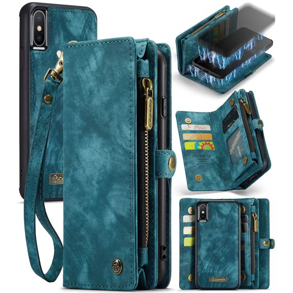 iPhone X, iPhone XS Leather Detachable Wallet Zipper Case with 8 Card Slots Holder Magnetic case Flip Wallet Handle Wrist Strap Shockproof Pocket Handbag for Man Woman, Green