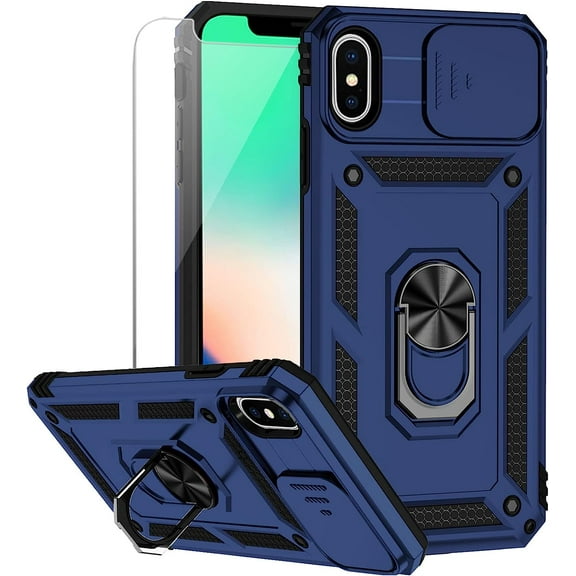 for iPhone X / iPhone Xs Case with Camera Lens Cover HD Screen Protector, Military Grade Drop Protection Magnetic Ring Holder Kickstand Protective Phone Case for iPhone X / Xs 5.8 inch (Navy Blue)