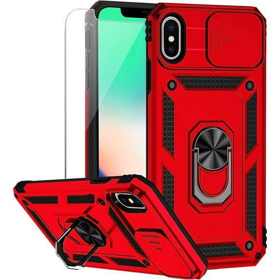 for iPhone X/iPhone Xs Case with Camera Lens Cover HD Screen Protector, Grade Drop Protection Ring Holder Kickstand Protective Phone Case for iPhone X/Xs 5.8 inch (Red)