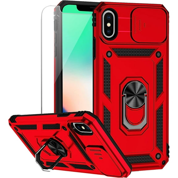 for iPhone X / iPhone Xs Case with Camera Lens Cover HD Screen Protector, Military Grade Drop Protection Magnetic Ring Holder Kickstand Protective Phone Case for iPhone X / Xs 5.8 inch (Red)