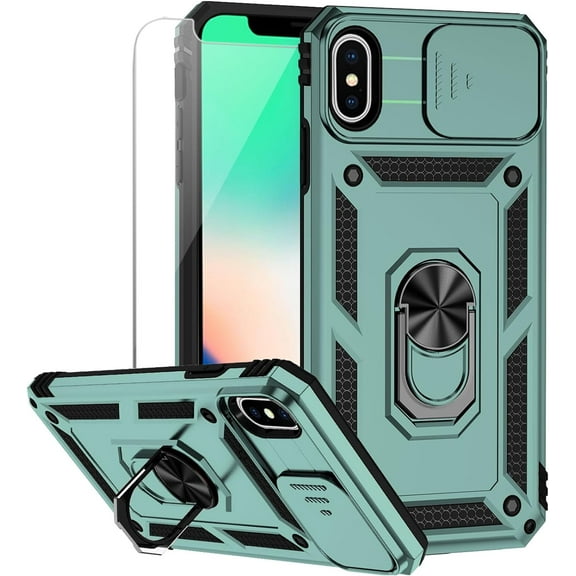 for iPhone X / iPhone Xs Case with Camera Lens Cover HD Screen Protector, Military Grade Drop Protection Magnetic Ring Holder Kickstand Protective Phone Case for iPhone X / Xs 5.8 inch (Dark Green)
