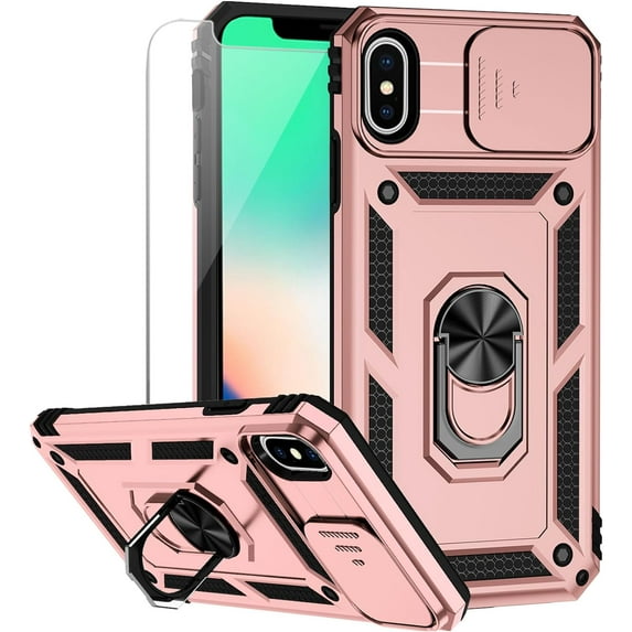 for iPhone X / iPhone Xs Case with Camera Lens Cover HD Screen Protector, Military Grade Drop Protection Magnetic Ring Holder Kickstand Protective Phone Case for iPhone X / Xs 5.8 inch (Rose Gold)