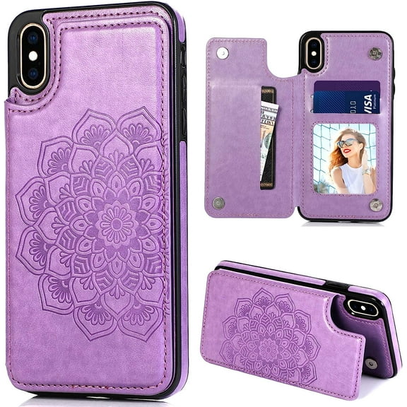 for iPhone X/iPhone Xs Case with Card Holder,PU Leather Mandala Emboss Flip Cover with Kickstand Credit Card Slots  Clasp Slim Wallet Case for iPhone 10/10S 5.8" (Purple)