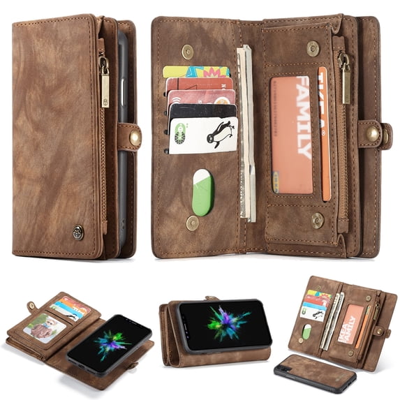 iPhone XR Case (2018) Case, Alleytech 2 in 1 Handmade Leather Zipper Wallet Case with Detachable Cover & Card Slots + Side Cash Pocket + Magnetic Clasp Closure for Apple iPhone XR (6.1"), Brown