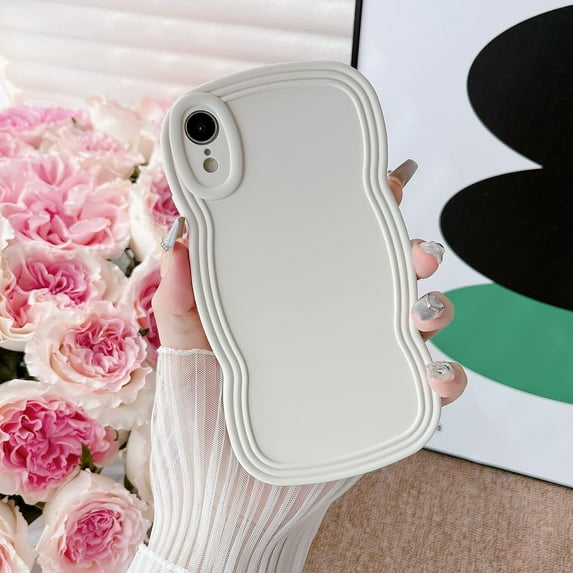 for iPhone XR Case 6.1 Inch Curly Wave Frame Phone Case Cute Design Color Aesthetic Phone Case Soft TPU Shockproof Protective Bumper Case Cover for Girls, Beige