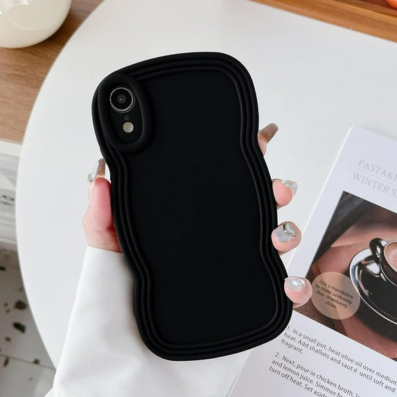 for iPhone XR Case 6.1 Inch Curly Wave Frame Phone Case Cute Design Color Aesthetic Phone Case Soft TPU Shockproof Protective Bumper Case Cover for Girls, Black