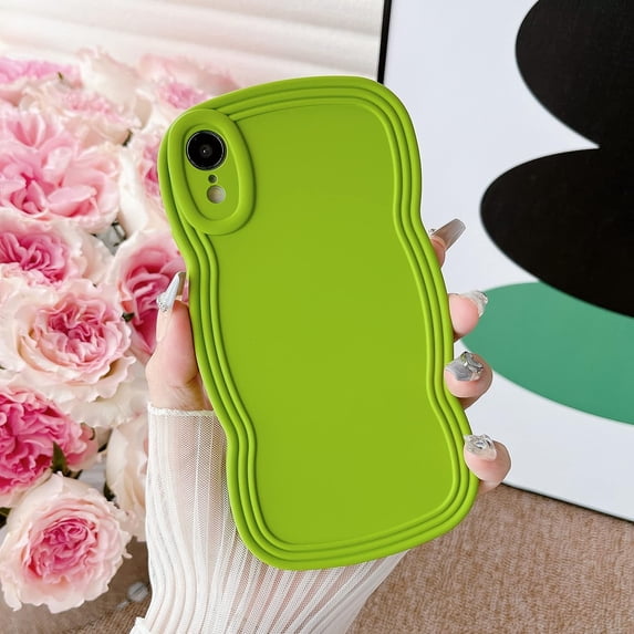 for iPhone XR Case 6.1 Inch Curly Wave Frame Phone Case Cute Design Color Aesthetic Phone Case Soft TPU Shockproof Protective Bumper Case Cover for Girls, Green
