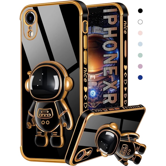 for iPhone XR Case Astronaut Cute for Women Girls Girly Unique Black Phone Cases with Astronaut Hidden Stand Kickstand 6D Design Cover for iPhone XR 6.1 inch