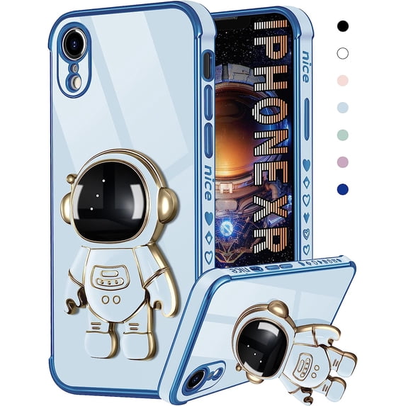 for iPhone XR Case Astronaut Cute for Women Girls Girly Unique Blue Phone Cases with Astronaut Hidden Stand Kickstand 6D Design Cover for iPhone XR 6.1 inch