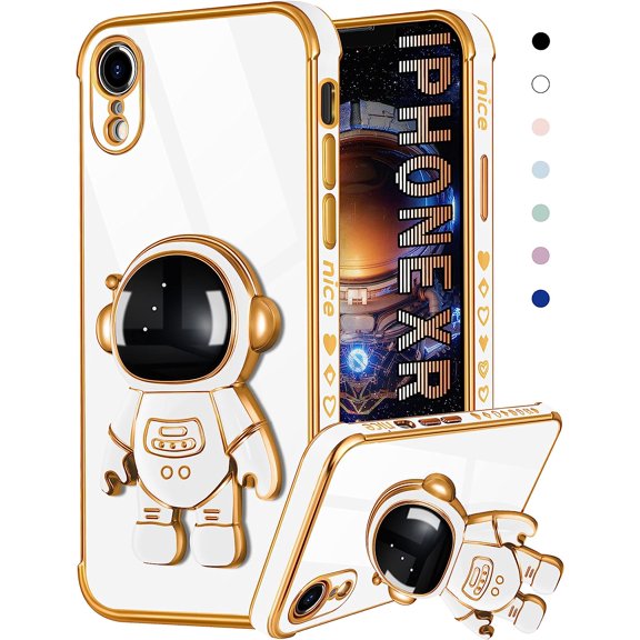 for iPhone XR Case Astronaut Cute for Women Girls Girly Unique White Phone Cases with Astronaut Hidden Stand Kickstand 6D Design Cover for iPhone XR 6.1 inch