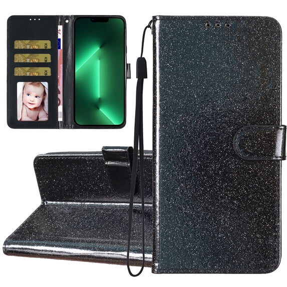 For iPhone XR Case Bling Glitter Shiny Magnetic Closure Luxury PU Leather RFID Blocking Wallet Card Holder Hand Strap Folio Kickstand Flip Case Women Girls iPhone XR, Black