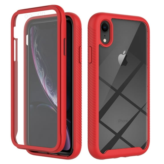 iPhone XR Case with Built in Screen Protector,Dteck Full-Body Shockproof Rubber Hybrid Protection Crystal Clear PC Back Protective Phone Case Cover for Apple iPhone XR,Red