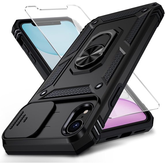 for iPhone XR Case with Camera Lens Cover, HD Screen Protector, 10 FT Military Grade Drop Protection, Magnetic Ring Holder Kickstand Protective Phone Case, Black