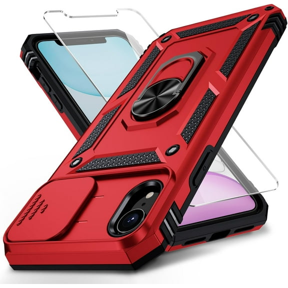 for iPhone XR Case with Camera Lens Cover, HD Screen Protector, 10 FT Military Grade Drop Protection, Magnetic Ring Holder Kickstand Protective Phone Case, Red