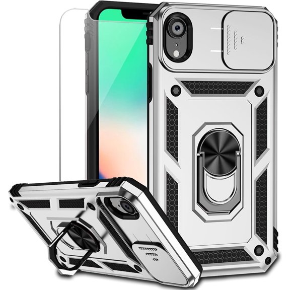 for iPhone XR Case with Camera Lens Cover HD Screen Protector, Dual Layer [15 FT Military Grade Drop Protection] Magnetic Ring Holder Kickstand Protective Phone Case for iPhone XR 6.1 inch (Silver)