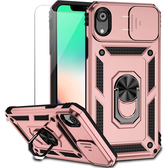 for iPhone XR Case with Camera Lens Cover HD Screen Protector, Dual Layer [15 FT Military Grade Drop Protection] Magnetic Ring Holder Kickstand Protective Phone Case for iPhone XR 6.1 inch (Rose Gold)
