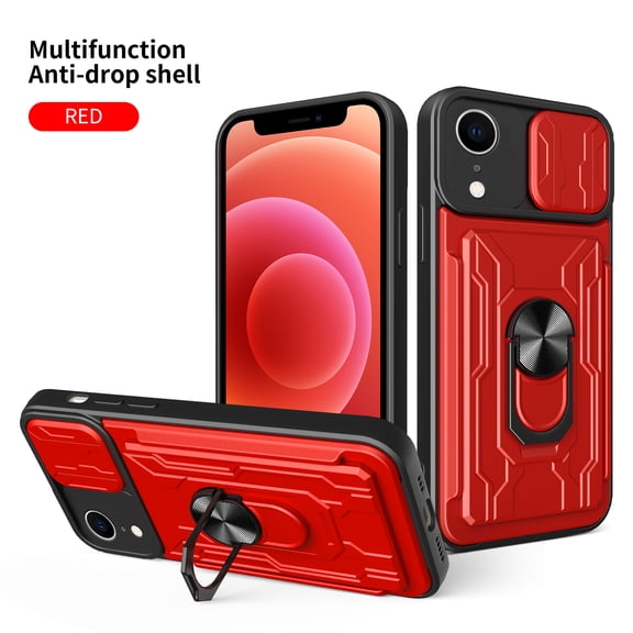 for iPhone XR Case with Camera Lens Slide Cover, Detachable Card Slot Holder Ring Kickstand, Support Magnet Car Mount, Heavy Duty Military Grade Protection Cover for iPhone XR, Red