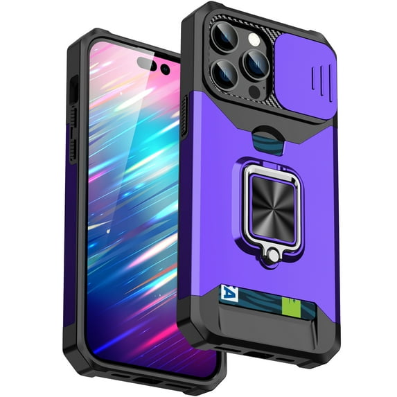 for iPhone XR Case with Card Holder Slot & Camera Lens Slide Protection & 360 Ring Holder Kickstand, Magnetic Shockproof Rugged Hard Back & TPU Soft Edge Wallet Phone Case,Purple