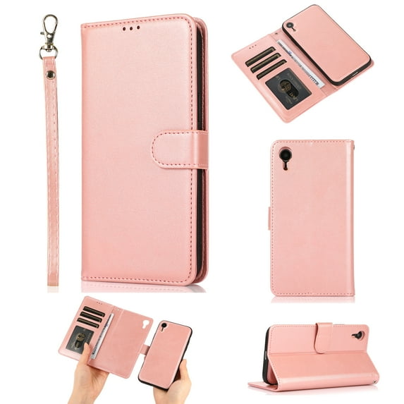 iPhone XR Case with Card Slots, Allytech Detachable Case Support Magnetic Car Mount Case with Lanyard Wallet Vegan Leather Shockproof Stand Case for iPhone XR 2018(6.1"), Rosegold