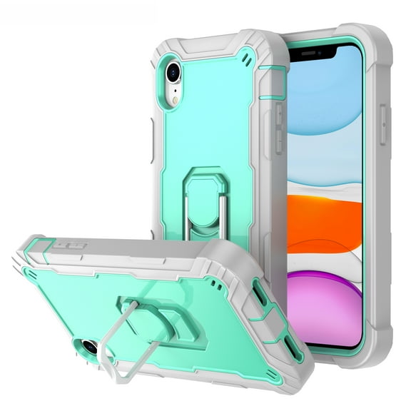 iPhone XR Case and Cover 6.1 Inch, Allytech Hard PC + Soft Silicone TPU 3 in 1 Heavy Duty Shockproof Defender Ring Kickstand Phone Case for Apple iPhone XR 6.1" 2018 Release, Gray + Green
