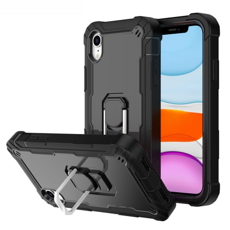 iPhone XR Case and Cover 6.1 Inch, Allytech Hard PC + Soft Silicone TPU 3 in 1 Heavy Duty Shockproof Defender Ring Kickstand Phone Case for Apple iPhone XR 6.1" 2018 Release, Black