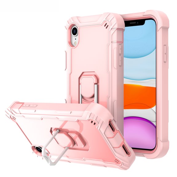 iPhone XR Case and Cover 6.1 Inch, Allytech Hard PC + Soft Silicone TPU 3 in 1 Heavy Duty Shockproof Defender Ring Kickstand Phone Case for Apple iPhone XR 6.1" 2018 Release, Rosegold