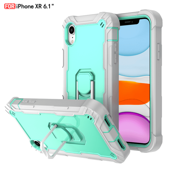 iPhone XR Case - Heavy Duty Hybrid Rugged Dual Layer Protective Shockproof Kickstand Cover with Ring Holder for Apple iPhone XR 6.1", F