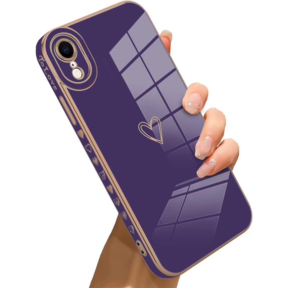 for iPhone XR Case Love Heart Plating Electroplate Luxury Elegant Case Camera Protector Soft TPU Shockproof Protective Corner Back Cover iPhone XR Case -Purple